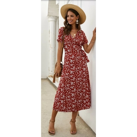 SHEIN Dresses & Skirts - Shein red floral wrap dress